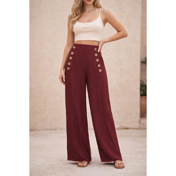 entro Pants - Entro Wide-Leg High-Waist Button Front Pants in Burgundy